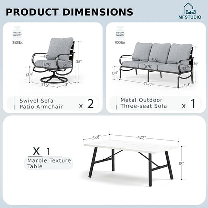 MFSTUDIO 4 Pieces Patio Conversation Sets(5 Seat),Outdoor Metal Furniture Sofas with 1 Loveseat(3 Seat), 2 Swivel Chairs,1 Coffee Table,Wrought Iron with Grey Cushion for Patio Courtyard Balcony