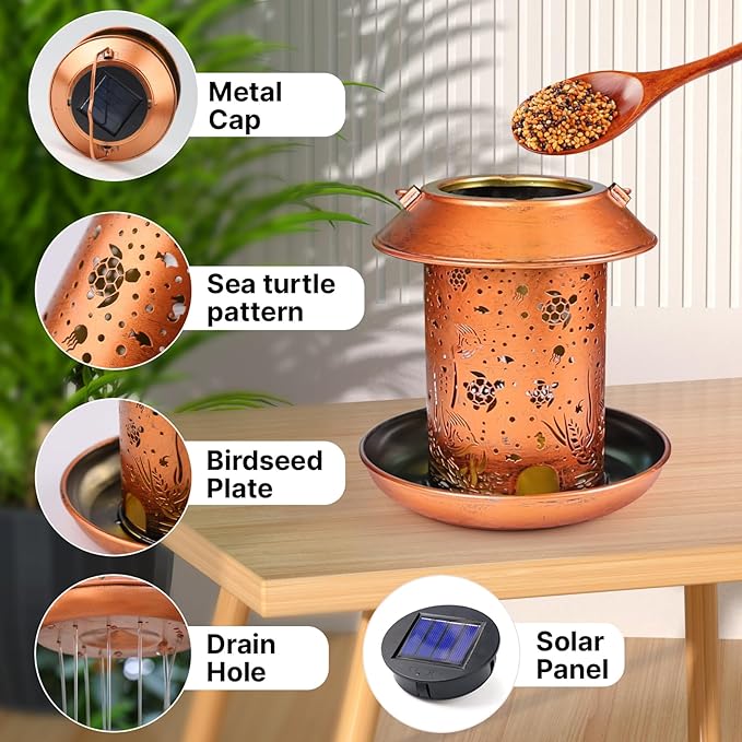 Bird Feeders for Outdoors Hanging Meta Solar Bird Feeder Chewproof Waterproof Sea Turtle Solar Lantern Decor Garden Gifts for Women Mom Friends Birds Lovers Decoration for Yard, Patio, Lawn,Christmas