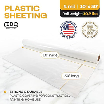 Plastic Sheeting 4 mil, 10' x 50' (500 sq. ft.) - Heavy Duty Semi-Clear Plastic Sheeting for Construction & Painting - Thick Plastic Sheeting for Drop Cloth - Durable LDPE Film Roll by IDL Packaging