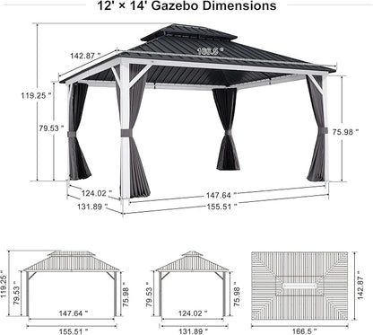 PURPLE LEAF 12' X 14' Hardtop Gazebo,Outdoor White Aluminum Frame Gazebo with Curtain and Netting for Patio, Garden and Backyard