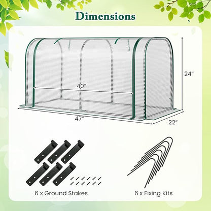 Mini Greenhouse, 47" x 22" x 24" Portable Greenhouse with Roll-Up Door, Ground Stakes, Metal Frame, Waterproof & Sun-Protective PE Cover, Small Green House for Outdoors & Indoors (White)