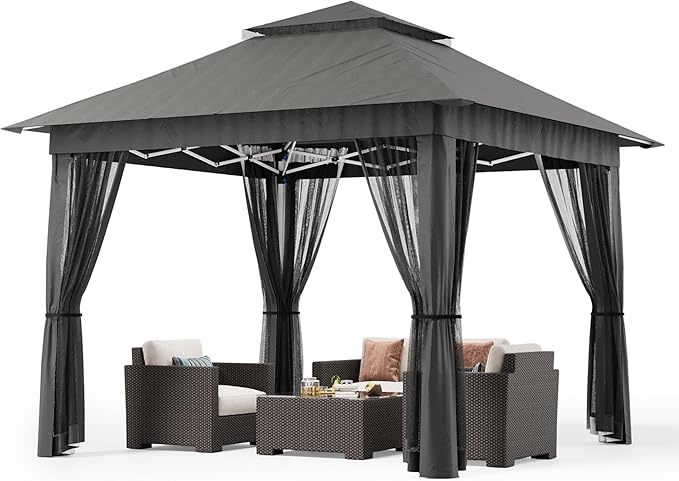 Bealife 11x11 Pop Up Gazebo Tent with Mosquito Netting, Outoor Canopy Tent with 4 Sandbags, 8 Stakes, 4 Ropes, Roller Bag, Pop Up Canopy Tent for Lawn Backyard Garden Deck, Grey