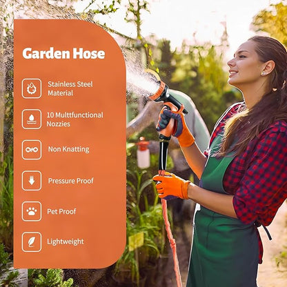 Garden Hose 25 FT,Non-Expanding,10 Functional Nozzles,Garden Hose Anti-Kink,Heavy Duty Flexible Water Hose 25 FT,Suitable for Outdoor,Yard, Car Washing and Other Scenes. (orange color, 25ft)