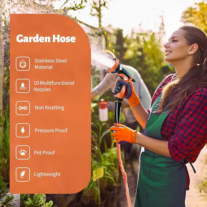 Garden Hose 75 ft,Non-Expanding,10 Functional Nozzles,Garden Hose Anti-Kink,Heavy Duty Flexible Water Hose 75 ft,Suitable for Outdoor,Yard, Car Washing and Other Scenes.(orange color, 75ft)