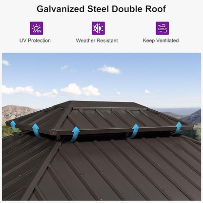 PURPLE LEAF 10’ X 12’ Outdoor Hardtop Gazebo Metal Frame Galvanized Steel Double Roof with Curtains and Nettings for Patio Desk Backyard Bronze