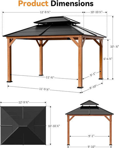 Modern Shade Wood Gazebo 11' x 13', Cedar Framed Wooden Gazebo with Double Galvanized Steel Roof, Hardtop Pavilion with Sturdy Hooks for Garden, Backyard Patio and Deck