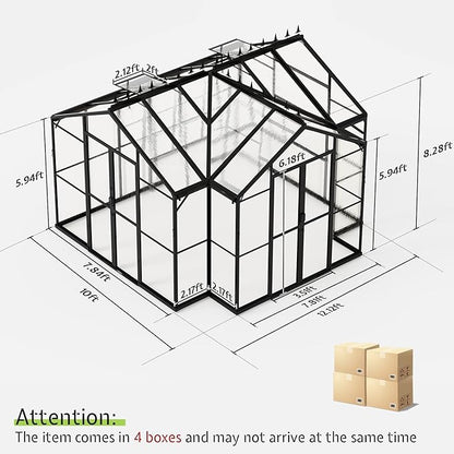 AMERLIFE 12x10x8 FT Hybrid Polycarbonate Greenhouse, Quick-Connect Aluminum Frame, Dual Roof Vents & Double Doors, Walk-in Backyard Greenhouse with Gutters, Black
