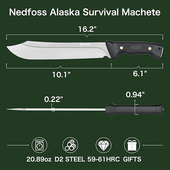 NedFoss 16" Survival Machete with Sheath, D2 Steel 0.22" Thick Full Tang Blade Machete Knife with Flat Grinding, Machete for Cutting Trees, for Yard Work, Clearing Brush with TPE Handle