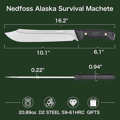 NedFoss 16" Survival Machete with Sheath, D2 Steel 0.22" Thick Full Tang Blade Machete Knife with Flat Grinding, Machete for Cutting Trees, for Yard Work, Clearing Brush with TPE Handle
