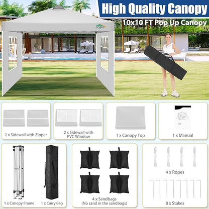 COBlZI 10x10 Pop Up Canopy Tent with 4 Removable Sidewalls，Waterproof Commercial Easy up Adjustable Gazebo with Air Vent, 4 Sandbags，4 Stakes & 8 Ropes（Tents for Party/Exhibition,White