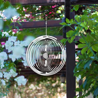 Hanging Wind Spinner Outdoor Metal Decorations, Silver Wind Spinners for Yard and Garden,3D Mirror Stainless Steel Wind Sculptur Chime Indoor Outdoor Garden Decoration Worth Gift （Round）