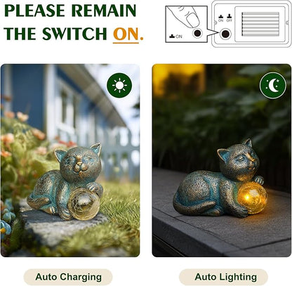 MININOVA Solar Garden Cat Statue with LED Light Ball Cat Figurine Outdoor Decor in Yard, Patio, Balcony, Perfect Housewarming, Birthday, for Women, Mom, Grandma
