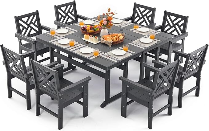 10 Piece HDPE Outdoor Dining Set for 8, Patio HDPE Furniture Set with 2 Table and Umbrella Hole, Outdoor Table and Chairs for Garden, Poolside, Backyard, Deck
