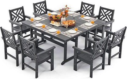 10 Piece HDPE Outdoor Dining Set for 8, Patio HDPE Furniture Set with 2 Table and Umbrella Hole, Outdoor Table and Chairs for Garden, Poolside, Backyard, Deck