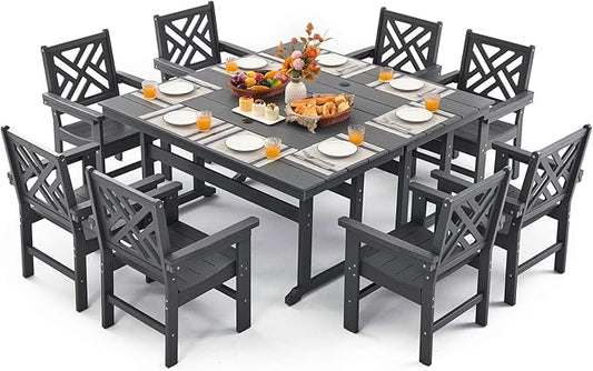 10 Piece HDPE Outdoor Dining Set for 8, Patio HDPE Furniture Set with 2 Table and Umbrella Hole, Outdoor Table and Chairs for Garden, Poolside, Backyard, Deck