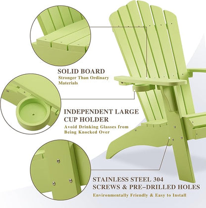 Psilvam Adirondack Chair, Oversized Poly Lumber Fire Pit Chair with Cup Holder, 350Lbs Support Patio Chairs for Garden, Weather Resistant Adirondack Chair Looks Like Real Wood (2, Green)