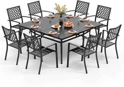 PHI VILLA 9 Piece Patio Dining Set, Metal Outdoor 60'' Square Table Furniture Set with 6 Backyard Armrest Stackable Chairs, Table with 1.57'' Umbrella Hole for Patio, Deck, Black