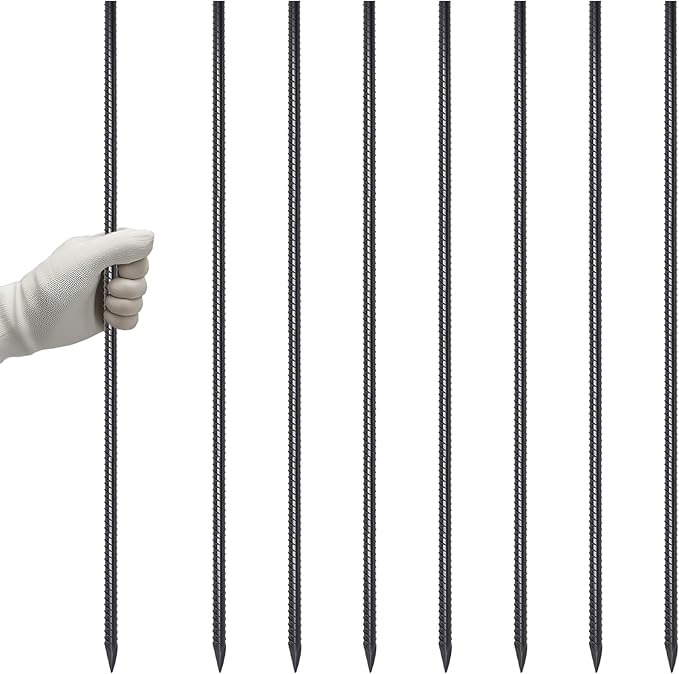 VVOKGO RebarStakes 36 Inch Ground Rebar Stakes (8 pcs), Heavy Duty Hook Ground Anchors, Steel Plant Support Garden Stake with Chisel Point end Black Plastic Spraying for Anti-Rust
