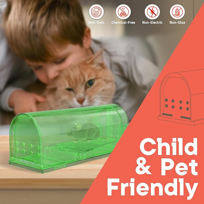 Humane Mouse Trap Pack of 2, Live Mouse Traps Catch and Release for Indoors & Outdoors, Pet & Child Safe, 6.69" Reusable Plastic Mouse Cage with Spring Door, Cleaning Brush Included, Green