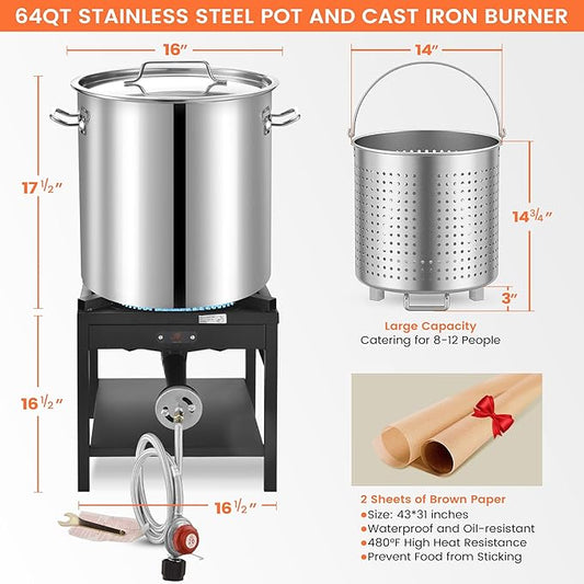 ARC 64QT Stainless Steel Seafood Boiling Turkey Fryer Kit with Strainer and Propane Stove with 200,000BTU, Stainless Steel Crawfish Boil Pot and Burner for Outdoors Cooking and Steaming, Non-Assembly