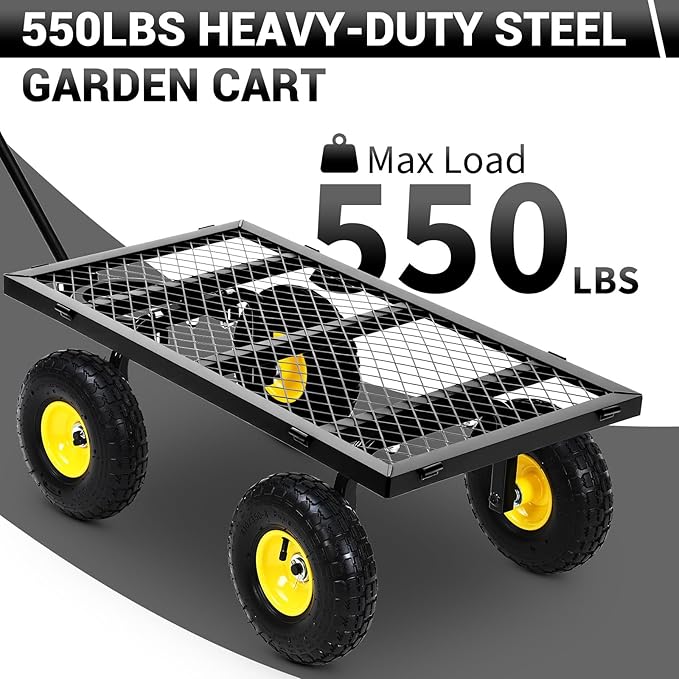 Heavy Duty Steel Garden Cart, 550 LBS 3 in 1 Pullable Metal Garden Wagon with 10" Wheels, 180° Rotating Handle and Removable Sides for Farm, Yard