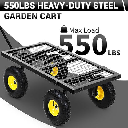 Heavy Duty Steel Garden Cart, 550 LBS 3 in 1 Pullable Metal Garden Wagon with 10" Wheels, 180° Rotating Handle and Removable Sides for Farm, Yard