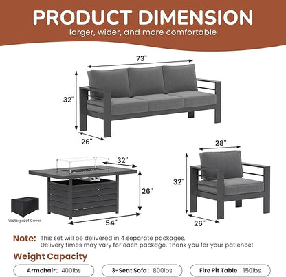 Solaste Aluminum Patio Furniture Set with Fire Pit Table, 4 Piece Metal Outdoor Furniture with Water-Resistant Cushions, Modern Patio Conversation Set for Balcony, Front Porch, and Backyard, Grey