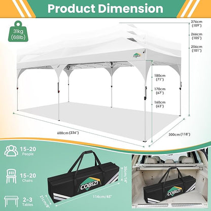 COBIZI 10x20 Pop Up Canopy Tent with 4 Sidewalls, Instant One-Push Setup, Commercial Canopy with Air Vent & Reflective Strip, UPF 50+ Waterproof Party Tent with Sandbags & Stakes for Events (White)