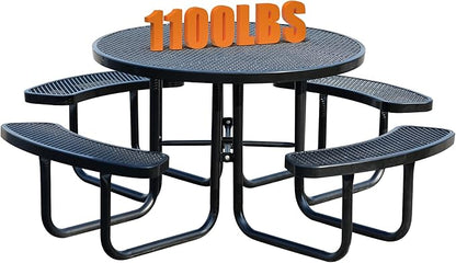 8-Person Outdoor Picnic Tables,46" Heavy-Duty Metal Round Picnic Table,Expanded Metal Commercial-Grade Table with 4 Benches & Umbrella Hole,Waterproof Coating Beach Table for Patio,Garden, Backyard