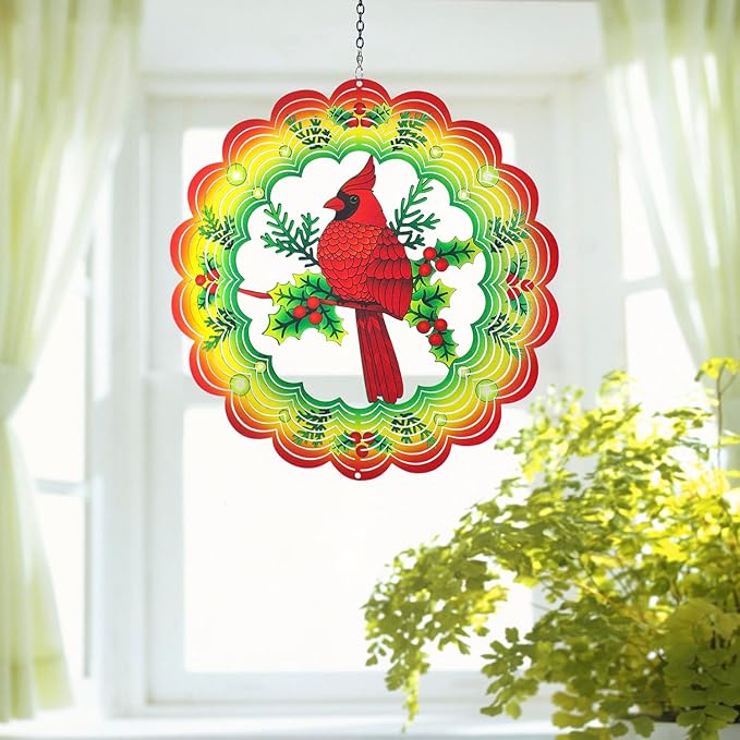 Cardinal Wind Spinners Cardinal Gifts for Women/Men 12 inch 3D Stainless Steel Hanging Wind Spinner Metal Wind Catchers Kinetic Sculpture for Indoor/Outdoor Decor, Yard Art, Garden Decorations