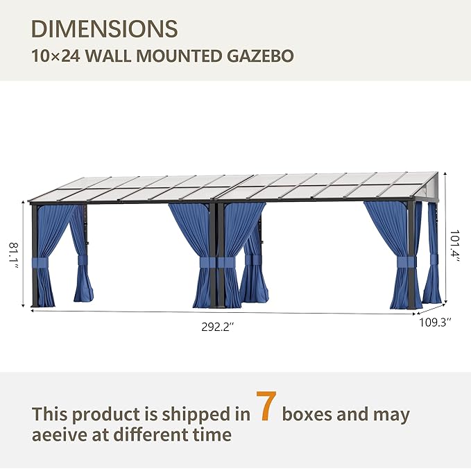 10’ x 24’ Gazebo for Patio,Wall Mounted Gazebo with Sloping Polycarbonate Roof,Aluminum Frame Outdoor pelgole w/Netting & Curtain for Garden,Backyard,Navyblue