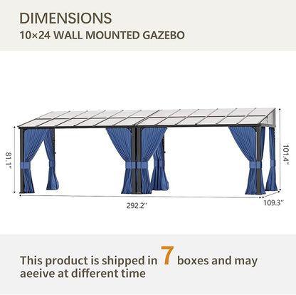 10’ x 24’ Gazebo for Patio,Wall Mounted Gazebo with Sloping Polycarbonate Roof,Aluminum Frame Outdoor pelgole w/Netting & Curtain for Garden,Backyard,Navyblue