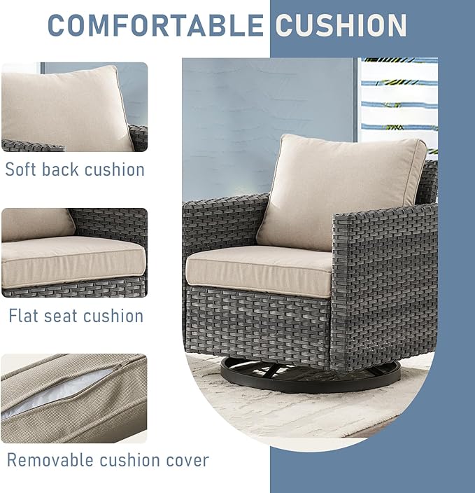 Luxury Outdoor Swivel Rocker Patio Chairs Set of 2, Swivel Patio Chairs for Porch, Yard, Deck, Poolside, Grey/Beige