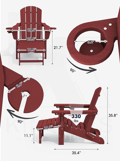KINGYES Folding Adjustable Adirondack Chair with Ottoman & 2 Cup Holders Set of 2, HDEP Reclining Adirondack Chair with Footrest, Red