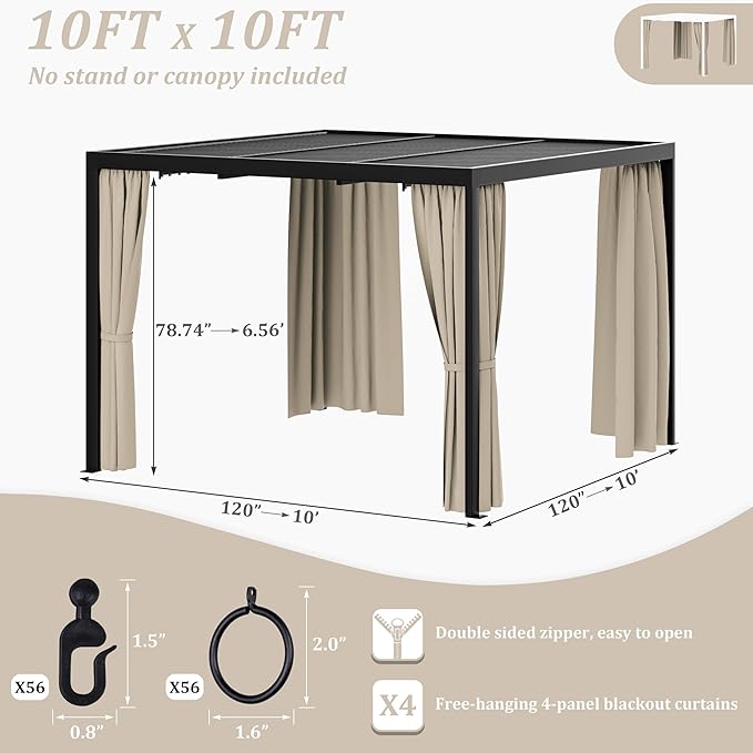 Gazebo Universal Replacement Privacy Curtain,10'×10' Gazebo Outdoor Waterproof Curtains, 4-Panels Sidewall Curtains with Double Zipper for Patio Canopy, Garden and Backyard (Curtain Only)