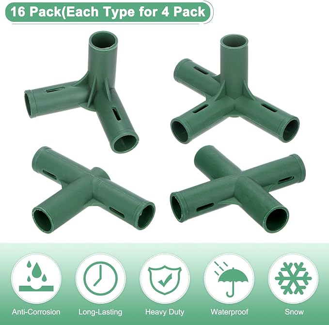 16 Pcs 19mm Greenhouse Frame Building Connectors, 4 Types Pipe Fitting for Grape Trellis/Sunscreen Shed/Gardening Plant Stakes, Greenhouse Accessories [Green]