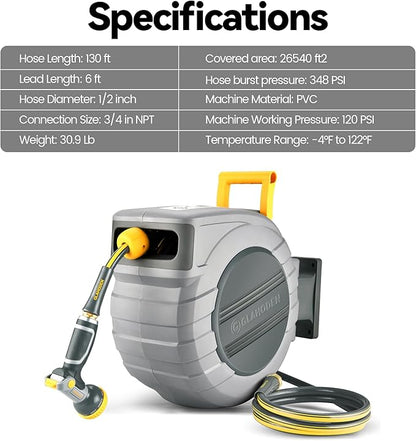 GLAHODEN Retractable Garden Hose Reel 1/2 in x 130 ft, 2025 Upgraded Dual Ratchet Lock UV & Freeze Protection Brass Seal Slow Retraction Anti-Tangle Hose 180°Swivel Reinforced Scaffold Wall Mount
