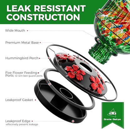 Hand Blown Glass Hummingbird Feeders for Outdoors, 25 Ounces Wild Bird Nectar Feeder with Perch & 5 Flower Feeding Ports Leak Proof Hanging for Garden Backyard Decor, Gifts for Women Mom, Green