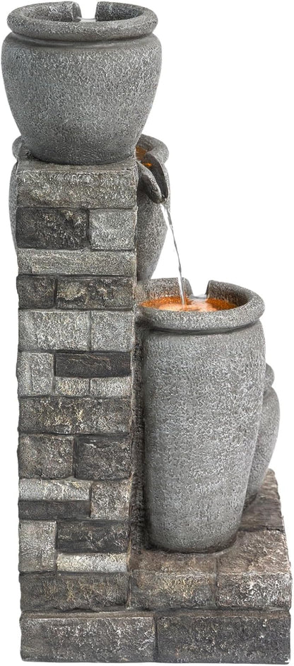 Teamson Home 30.7" 4-Tier Cascading Bowl Solar Powered Water Fountain for Outdoor Living Spaces, Gray