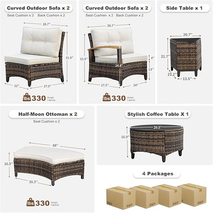 MEISSALIVVE 8 Piece Outdoor Patio Furniture Set, Half-Moon Curved Sectional Set with Wood Armrests, Patio Conversation Set, 2 Half-Moon Ottomans，Coffee & Side Tables (Brown)