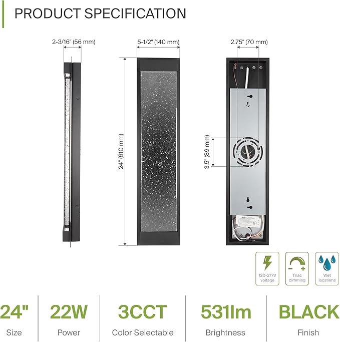 ASD LED 24 Inch Bubble Glass Wall Light Fixture | 22W 530LM 3000K-5000K 100-277V | 3CCT, Waterproof, Dimmable, Up-Down Glow, ETL Listed | Exterior Flush Mount Sconce, Outdoor Lighting | Black, 2 Pack
