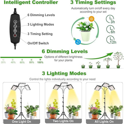 LBW Grow Light with Stand, Tri-Head LED Plant Light for Indoor Plants, Full Spectrum 150 LEDs, 3/6/12H Timer, 6 Dimmable Levels, 3 Switch Modes, Adjustable Tripod Stand 15-63 inches