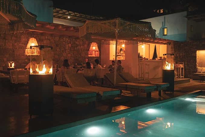 Planika Faro Propane Patio Heater 59" 32,000 BTU Modern Freestanding Glass Tower with Wheels, Smokeless 360° Flame, Cover & Regulator Included for Commercial & Residencial Outdoor Spaces