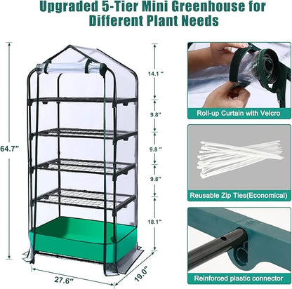 5 Tier Mini Greenhouse with Wheels for Indoor Outdoor, Portable Green House with PVC Cover and Shelves for Seedling, Greenhouse with Waterproof Mat and Cover Tape, Gardening Gifts for Women Men