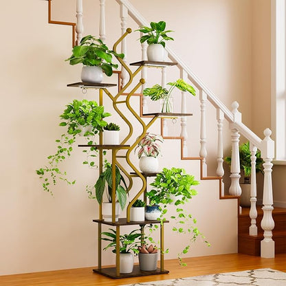 Bstrip 63 Inch Plant Stand with Grow Light, 7-Tier Indoor Plant Shelf with Hanging Hooks, Decor Corner Plant Stand for Living Room & Patio, Gold