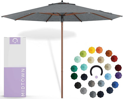Midtown Umbrellas The Wooden 10 Feet Patio Umbrella With Sunbrella Cast Slate Acrylic Fabric - Aluminum Frame Market Umbrella For Backyard, Deck, Garden, Pool - Wooden Pole