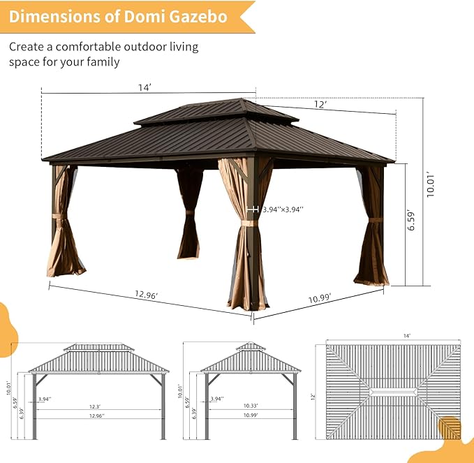 Domi 12' x 14' Hardtop Gazebo Permanent Metal Gazebo with Galvanized Steel Double Roof, Curtains and Netting for Party, Wedding, Outdoor Dining, Patio, Backyard, Brown