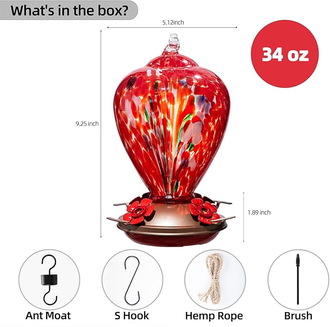 Gifts for Mom 34OZ Hand Blown Glass Hummingbird Feeders for Outdoors Hanging, with Ant Moat Humming Bird Feeders, Porch Backyard Decor Gifts for Women (Floral Balloon)