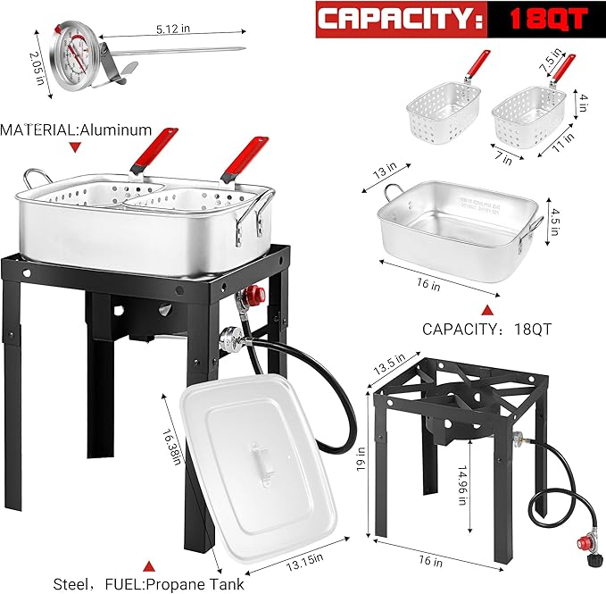 OT1808-LID-Propane Deep Fryer with 18Qt Square Deep Fryer Pot – High Grade Strainer Basket Aluminum Pot for Fish Fry, Seafood Pot – Propane Burners for Outdoor Cooking Include Lid