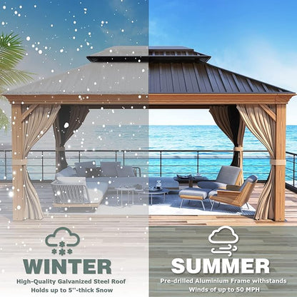 MELLCOM 12'x14' Wood Looking Hardtop Gazebo, Aluminum Frame and Galvanized Steel Double Roof, Metal Outdoor Gazebo with Curtains and Nettings for Deck Backyard and Patio